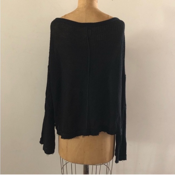 Free People] Black Waffle Thermal  flared sleeve Oversized T-shirt Top - Picture 9 of 13